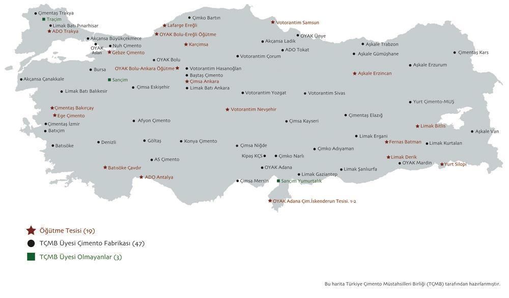 Şekil 2.2. de Türkiye de bulunan çimento fabrikalarının isim ve konumları gösterilmiştir. Şekil 2.2. Türkiye deki çimento fabrikaları haritası (TÇMB 2016