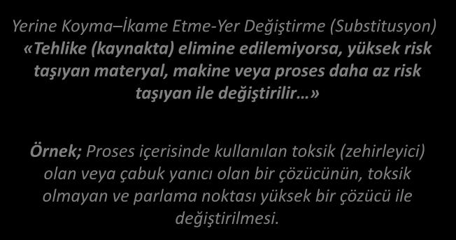 RİSK YÖNETİM PROSESİ (SÜRECİ) KAYNAKTA KORUMA 2 Yerine Koyma İkame Etme-Yer Değiştirme (Substitusyon) «Tehlike (kaynakta) elimine edilemiyorsa, yüksek risk taşıyan materyal, makine veya proses daha