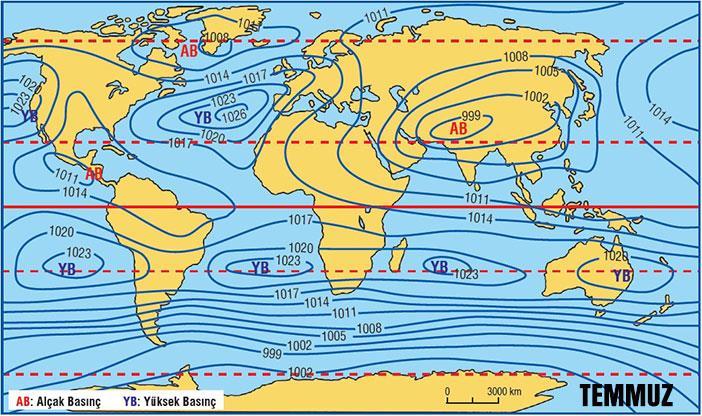 Dünya Temmuz Ayı İzobar Haritasının Yorumlanması Temmuz ayında en yüksek basınç değerleri Güney yarım kürede Oğlak Dönencesi çevresinde görülmektedir.