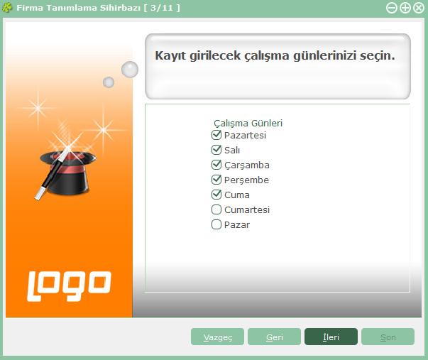 Çalışma Günleri Firmanın fiş/fatura kesilecek, ödeme ve tahsilat tarihlerinin hesaplanmasında kullanılacak çalışma