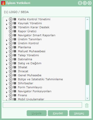 Kullanıcının bu firma ile ilgili hangi işlemleri yapacağı ve programın hangi bölümlerini kullanacağı ise işlem yetkileri ve yetki kodları seçenekleri ile kaydedilir.