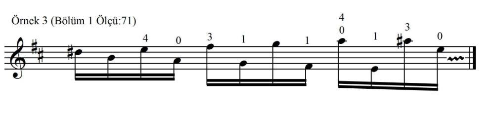 Eserdeki détaché uygulamaları onaltılık notaların çalınmasında kullanılmıştır. Hızlı tempodaki 16 lık notalar kısa détaché ile çalınırken yayın ortası ve yukarısı tercih edilir.