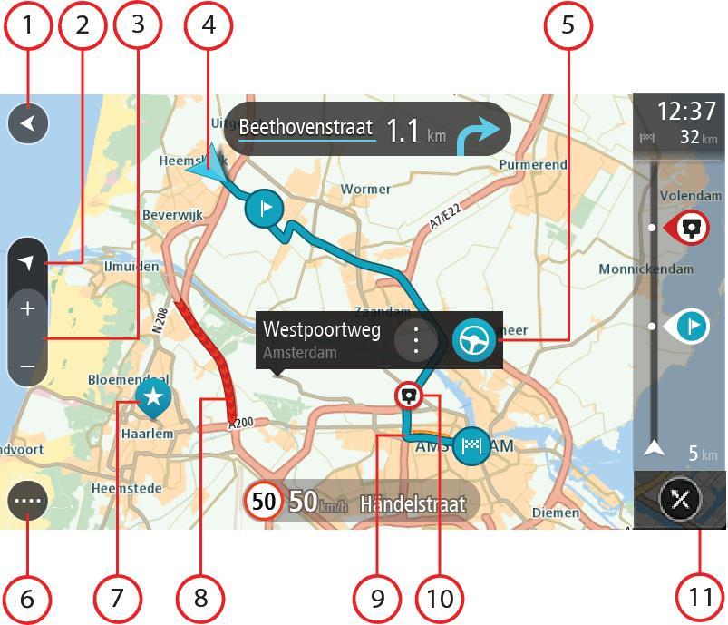 TomTom Navigasyon uygulaması ekranındaki öğeler Harita görünümü Planlanmış bir rotanız yokken harita görünümü gösterilir. TomTom BRIDGE cihazınız GPS konumunuzu bulduğunda gerçek konumunuz gösterilir.