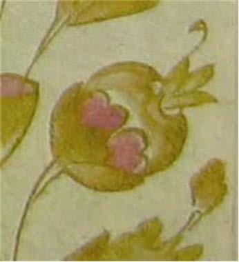 Sulandırılarak hafifletilmiş altınla hazırlanmış olan desenin bazı yerlerinde pembe ve yeşil de yine hafifletilerek kullanılmıştır.