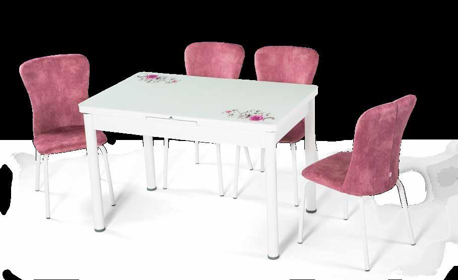 EN 945 PEMBE GÜLLÜ TAKIM / PINK ROSE SET MASA - TABLE / Temperli Cam Tempered Glass - Kolay Açılabilir Easy to Open - Uzamalı Masa Extended Table -