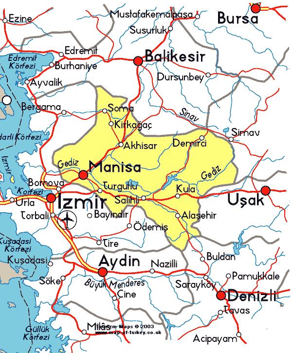 Akhisar Manisa ya 52 km, Ankara ya 555 km, İstanbul a 473 km ve İzmir e 92 km uzaklıktadır. Denizden yüksekliği 106 metre, Yüzölçümü 1.754 km² dir.