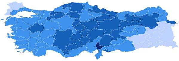 gözlemlenmektedir. Şekil 5 te sırasıyla MHP ve İYİ Parti nin oy oranları iller bazında görselleştirilmektedir.
