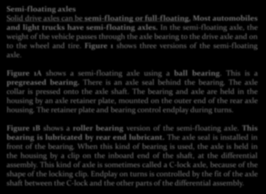 Figure 1A shows a semi-floating axle using a ball bearing. This is a pregreased bearing. There is an axle seal behind the bearing. The axle collar is pressed onto the axle shaft.