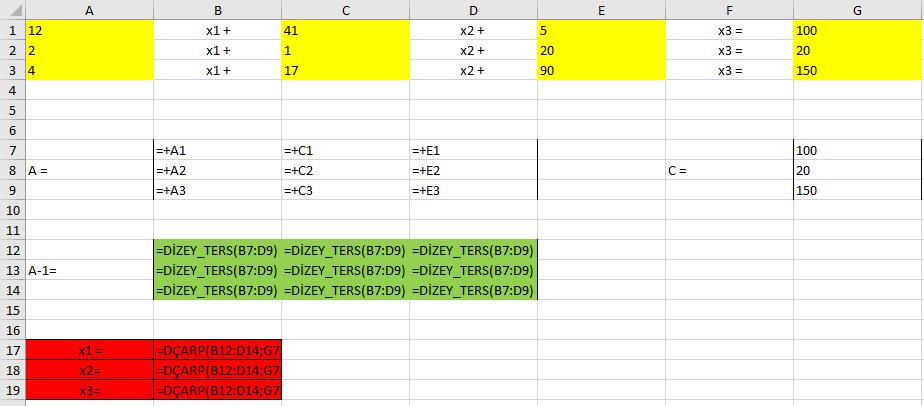 Lineer Denklem Çözümü 12x 1 + 41x 2 + 5x 3 =100 2x 1 + 1x 2 + 20x 3 =20 4x 1 + 17x 2 + 90x 3 =150 Microsoft Excel MATRİS İŞLEMLERİ A.