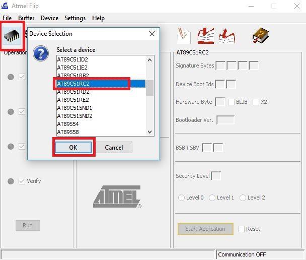 3) Select a Target Device ikonu tıklanarak işlem yapılacak AT89C51RC2 mikro işlemcisi seçilir. (Dikkat!