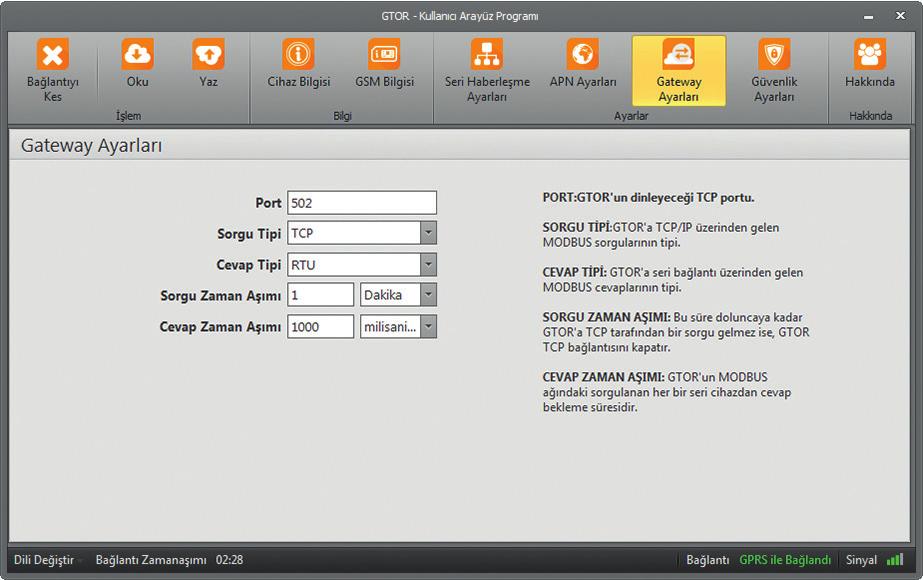 BÖLÜM 3 KONFİGÜRASYON PROGRAMI 3.6 Gateway (Ağ Geçidi) Ayarları Bu sekmede, GTOR ağ geçidi ayarları yapılamktadır.