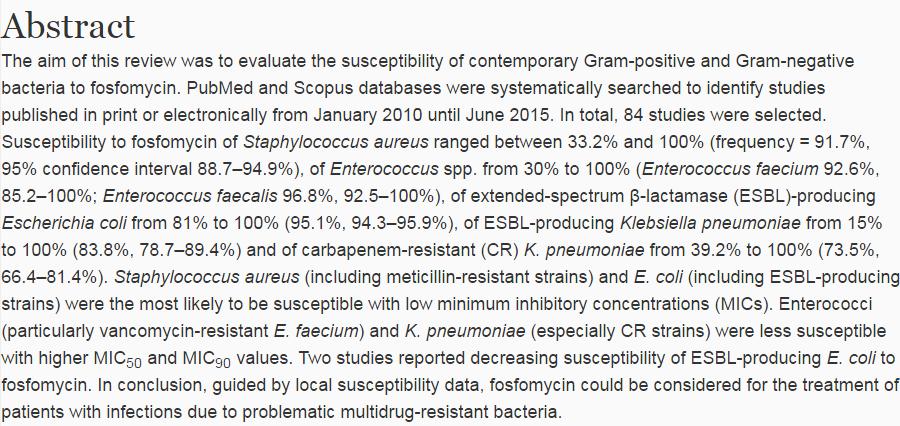 2010 2015 arası 84 çalışma derlenmiş, FOS duyarlılığı : - En sık GSBL ± E.coli ve MR ± S.
