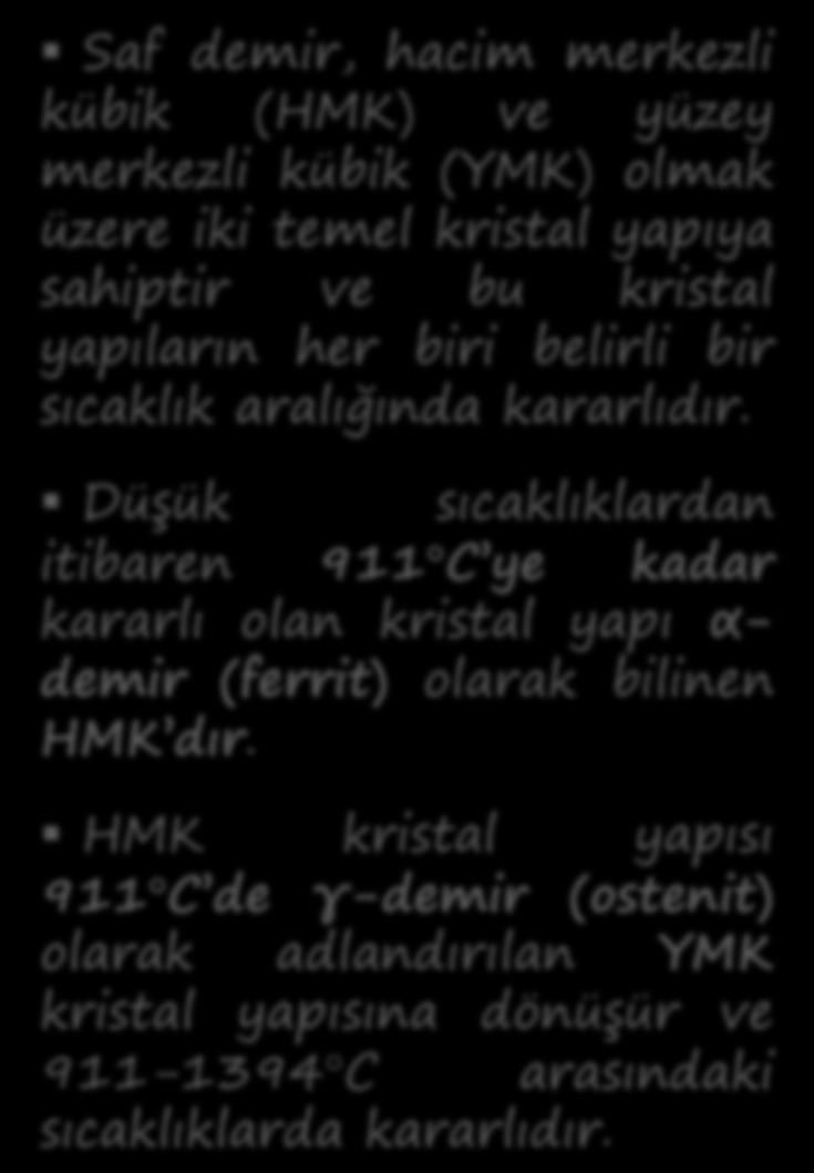 Demirin Allotropları Metaller Saf demir, hacim merkezli kübik (HMK) ve yüzey merkezli kübik (YMK) olmak üzere iki temel kristal yapıya sahiptir ve bu kristal yapıların her biri belirli bir sıcaklık