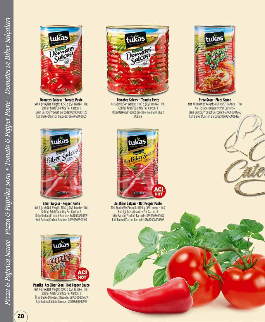 Domates Salçası - Tomato Paste Net Ağırlık/Net Weight: 4350 g (5/1 Teneke - Tin) Ürün Barkod/Product Barcode: 8690508101723 Koli Barkod/Carton Barcode: 08690508101105 Domates Salçası - Tomato Paste