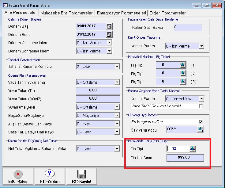 Fatura Genel Parametrelerin Tanımlanması Şirket Bilgileri Modülü Servis İşlemleri Sabit Tanımlar Parametreler Genel Parametreler Fatura Genel Parametreleri bölümüne girilir.