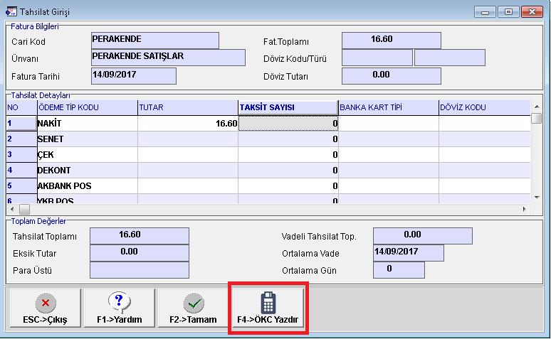 Ekran 11 : Tahsilat Girişi Ekranı ÖKC Fişi Yazdırma Fiş limitinin üstünde yapılan satışlarda fatura