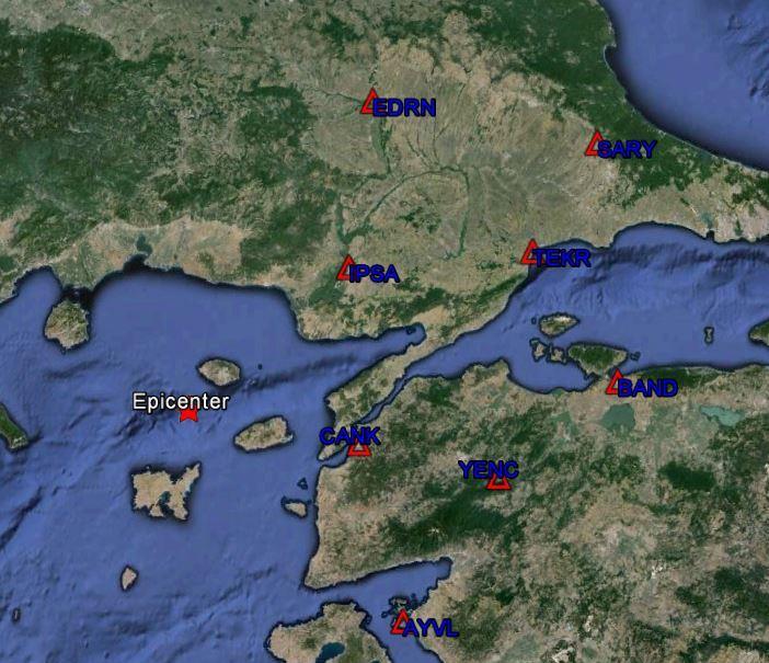 3. UYGULAMA Şekil 1. CORS-TR GNSS Ağı (https://www.tkgm.gov.tr/tr/noktakonumları) Bu çalışmada, 24 Mayıs 2014 tarihinde yerel saatle 12:25 de Ege denizinde Gökçeada açıklarında meydana gelen 6.