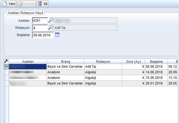 Sayfa No : 22 / 35 Her iki formda da Yeni butonuna tıklanarak yeni rotasyon planı ve yeni branş süresi girilmesi için form alanları temizlenir.