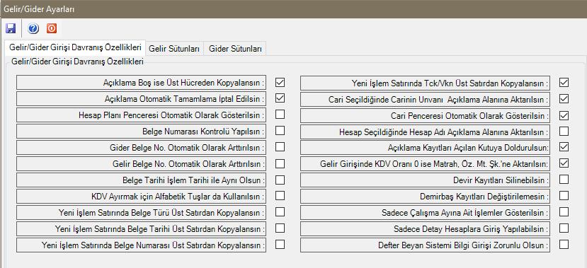 Bu nedenle, DBS kapsamındaki İşletme Defterlerinde yukarıda gösterilen Gelir/Gider Ayarları formunda Defter Beyan Sistemi Girişi Zorunlu Olsun seçeneği işaretlenmelidir.