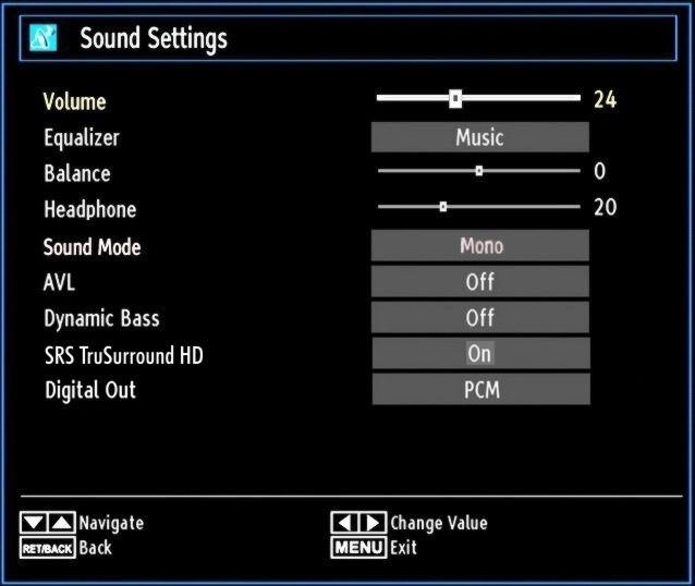 Configuring Sound Settings Sound settings can be configured according to your personal preferences. Press MENU button and select the first icon by using or button.
