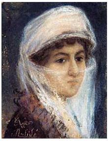 Türbanlar altından görülen kısa küt saçlarıyla kadınlar Melek Celal, Mihri Hanım, Namık İsmail ve birçok sanatçının resimlerinde olduğu gibi Müfide Kadri nin portrelerinde de görülmektedir.