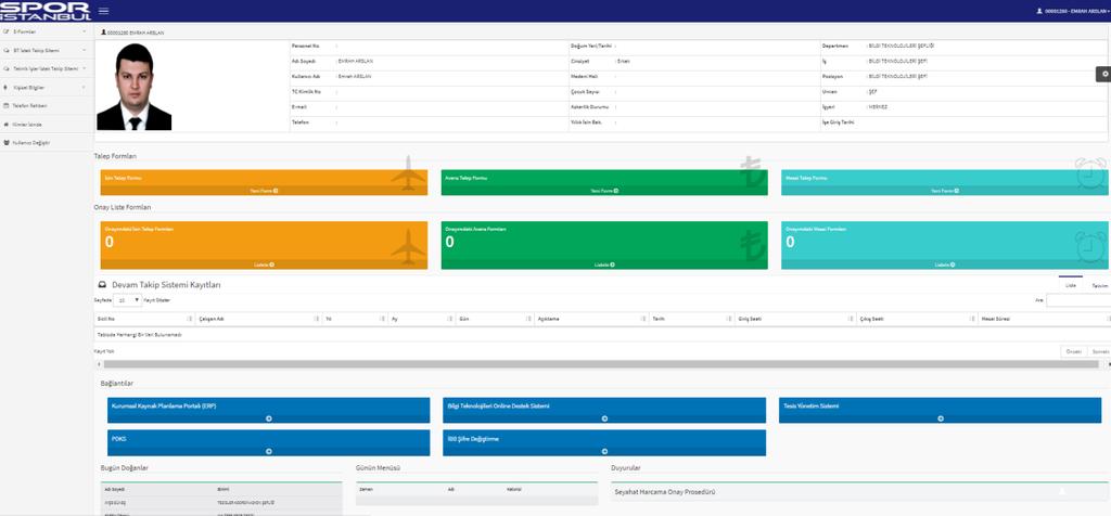 Çalışan sayfasının üst kısmında sisteme giriş yapan kullanıcıya ait sicil bilgileri görüntülenir.