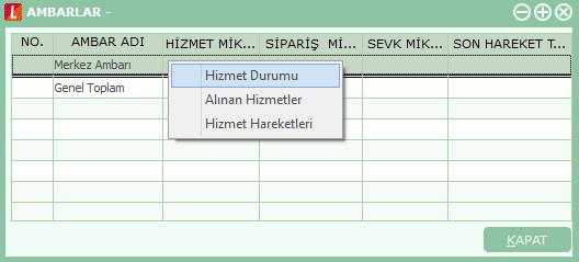 Ambar Detay Bilgileri Ambara ait ayrıntılı bilgilere erişmek için F9/sağ fare tuşu menüsünde yer alan seçenekler