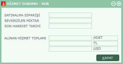 Hizmet Durumu penceresinde yer alan bilgiler kart üzerinden F9/sağ fare düğmesi menüsü ile ulaşılan Durum