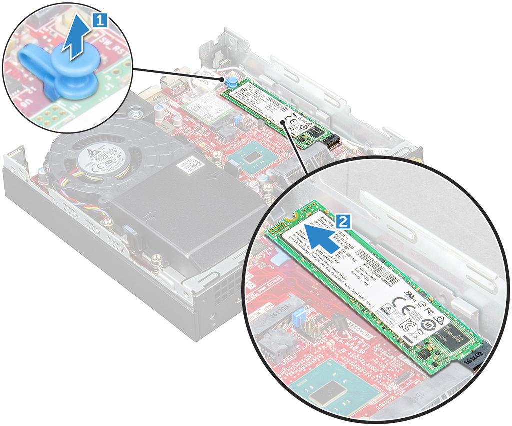 M.2 PCIe SSD'yi takma 1 M.2 PCIe SSD'yi konektöre takın. 2 M.2 PCIe SSD'yi sabitlemek için mavi tırnağa bastırın.