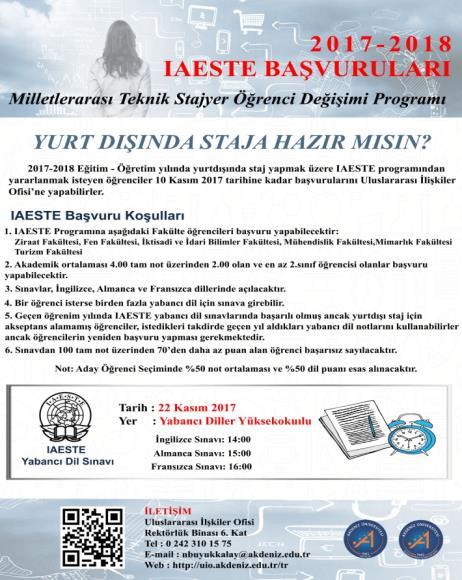 Ofisimiz koordinatörlüğünde Yabancı Diller Yüksekokulu tarafından gerçekleştirilen sınava 86 öğrencimiz katıldı; yurtdışına staj yapmak üzere gönderilecek olan 31 öğrencimiz Aday Öğrenci Listesine