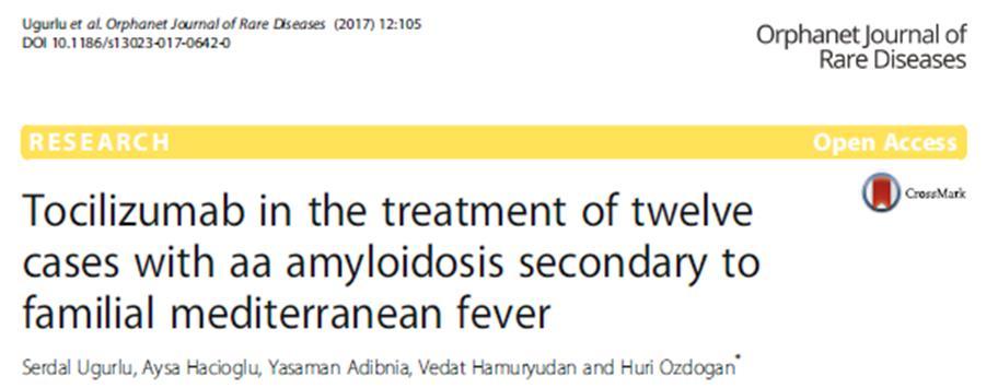 FMF AMİLOİDOZUNDA TOSİLİZUMAB AA amiloidozlu 12 FMF olgusuna (6K, 6E) 8mg/kg/ay tosilizumab (TCZ) IV uygulanmış. (Colc 1.9±0.4mg/g verilmiş). Dört hastada AS, bir hastada Crohn eşlik ediyormuş.