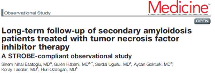 AA amiloidozlu 37 hastada 7 yıllık anti-tnf tedavisi sonrasındaki 8 yıllık izlem sonuçları: Ölüm: 12 (%32), 9 ESRD (%24), proteinüride artış sonucu başka bir biyolojik tedavi: 8(%22), iyi yanıt: