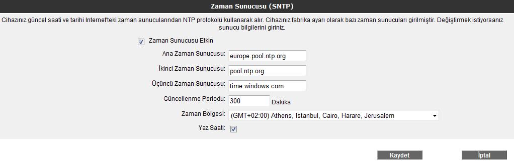 Cihazınız güncel saati ve tarihi Internet teki zaman sunucularından SNTP protokolü kullanarak alır.