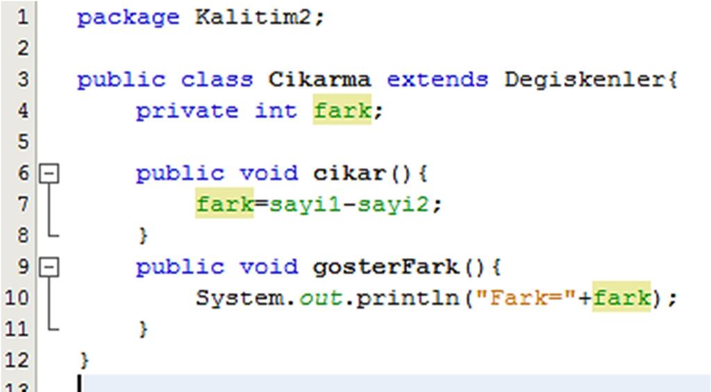 Örnek 1 (Devam); çizelgede verilen Cikarma sınıfının Java kodları aşağıdaki gibi oluşturulmuştur.