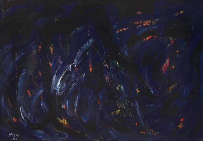 Şiirsel-Dışavurumcu Soyutlama: 1961-1970: 1960 ların başından itibaren Mübin Orhon un özellikle guvaj ve akrilik teknikleriyle gerçekleştirdiği kompozisyonlarında boyayı inceleştirerek resim yüzeyine