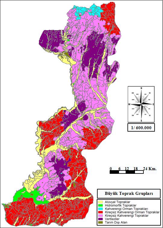 Şekil 3.2. Edirne ili toprak grupları haritası( Anonim 2008b) Kireçsiz Kahverengi Orman Toprakları: A (B) C profilli topraklardır. A horizonu iyi oluşmuştur ve gözenekli bir yapısı vardır.