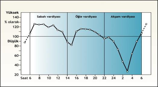 Günlük ritimde, öğleden önce, saat 09.00 a doğru maksimuma erişilir. Buna kıyasla daha düşük bir düzeye erişebilen ikinci yükselme, öğleden sonraki saatlerde görülür.