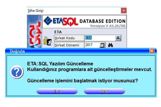 Güncellemelerin girişte otomatik denetlenmesi parametresi işaretlendiğinde ve güncelleme varsa programa girişte güncelleme olduğuna dair kullanıcı uyarılır.