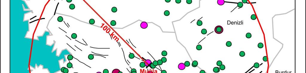 Bu amaçla; Muğla merkezli 100 km lik yarıçaplı alanı kapsayan (36.30-38.11) N - (27.19-29.