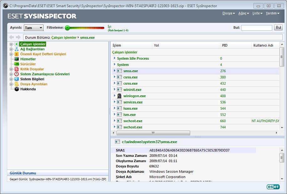 5.5.1.1 ESET SysInspector uygulamasını başlatma ESET SysInspector uygulamasını başlatmak için ESET'in web sitesinden yüklediğiniz SysInspector.exe yürütülebilir dosyasını çalıştırmanız yeterlidir.