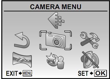 LCD ekran boş iken menü düğmesine basıldığı zaman fotoğraf makinesine ait temel ayarları yapmaya yarayan menüler ekrana gelir ve bunlar arasında gezinti tekerleği ile seçim