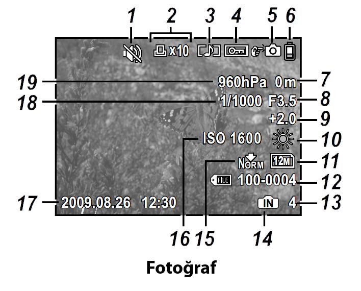 LCD Ekranı Görüntüleri (Oynatma) Fotoğraf makinesinde çekim yaptıktan sonra, çektiklerinize bakarken, yine fotoğraf veya