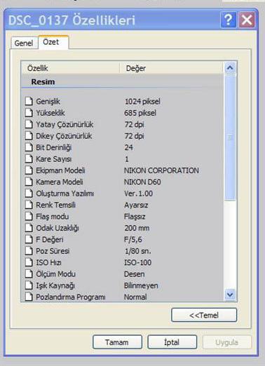 Fotoğraf Çekim Anı (Exif) Bilgileri Dijital bir fotoğraf makinesinde deklanşöre bastığınız anda çektiğiniz fotoğrafa ait olan genişlik, yükseklik, yatay ve dikey çözünürlük, bit derinliği, kare