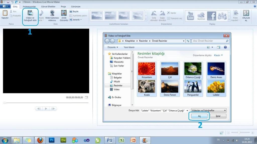 FOTOĞRAFLARIN VİDEO FİLMİ OLARAK KAYDEDİLMESİ Windows Live Movie Maker programı, videoların yanı sıra fotoğrafları da birleştirerek bir video filmi gibi kaydetme özelliği sunmaktadır.