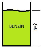 SORU: Şekildeki verilen kaptaki benzinin basıncı 10 bar ise seviyesini bulunuz? Bazı Sıvıların Özgül Ağırlıkları (gr/cm³) Su 1 gr/ cm 3 Alkol 0.83 gr/ cm 3 Amonyum 0.82 gr/ cm 3 Asedik asit 1.