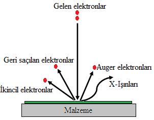 43 Malzeme üzerine gelen elektron demeti elastik ve inelastik saçılmaya uğrayacak şekilde malzeme ile etkileşir. Şekil 3.