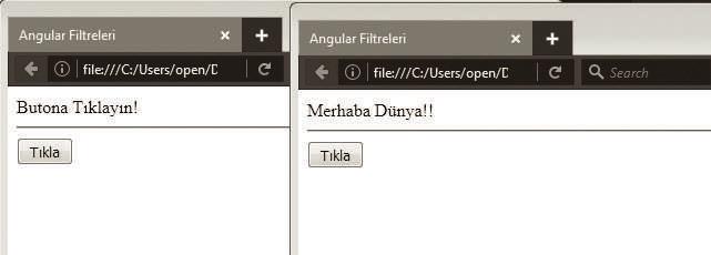 AngularJS Olay Tanımlayıcılarının Kullanımı 115 AngularJS Olay Tanımlayıcılarının Kullanımı Kullanımı çok basit olan, olay tanımlayıcısı atama olayını basit bir tıklama örneği ile gösterelim: HTML