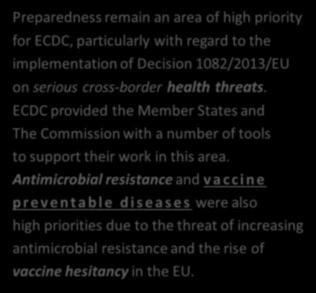 E - C D C A n n u a l R e p o r t - 2017 Preparedness remain an area of high priority for ECDC, particularly with regard to the implementation of Decision 1082/2013/EU on serious cross-border health