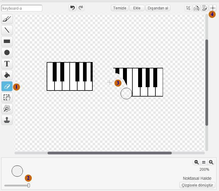 Geride kalan tuşların olduğu kısmı silgi aracını seçerek