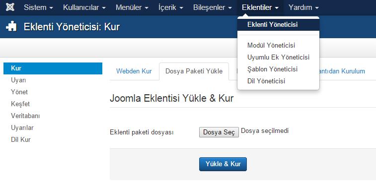 Joomla da şablon yükleme, şablon yöneticisinden değil Eklenti Yöneticisi menüsünden yapılır. 2 1 3 4 Şekil 5.3. Şablon Ekleme Joomla da şablon yüklemek için Eklentiler -> Eklenti menüsüne tıklanır.